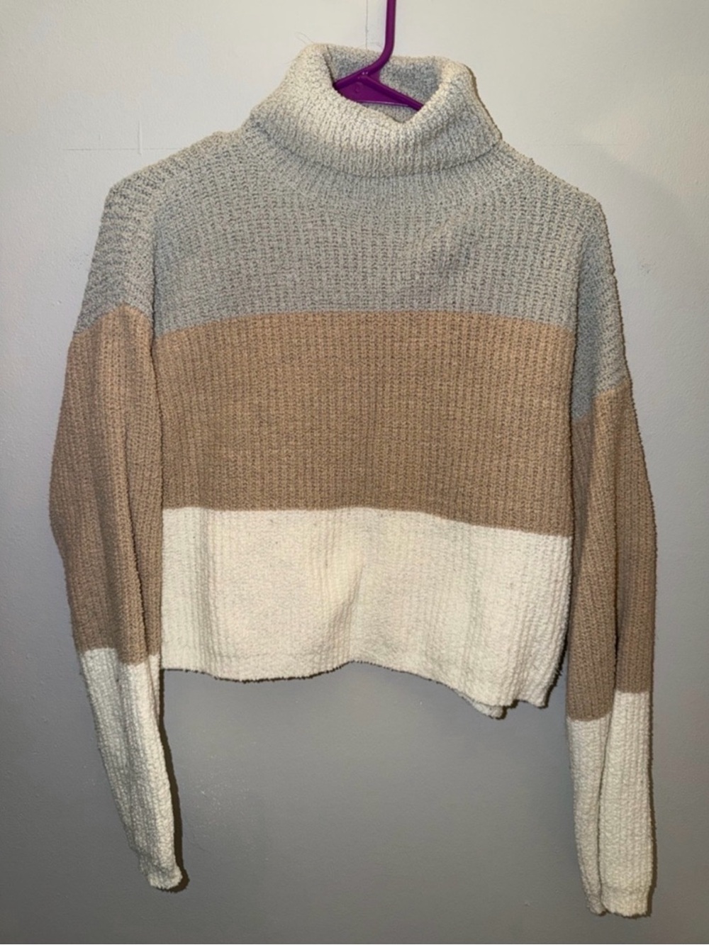 Windsor Colorblock Chunky Turtleneck Sweater Neutral Cropped Knit M